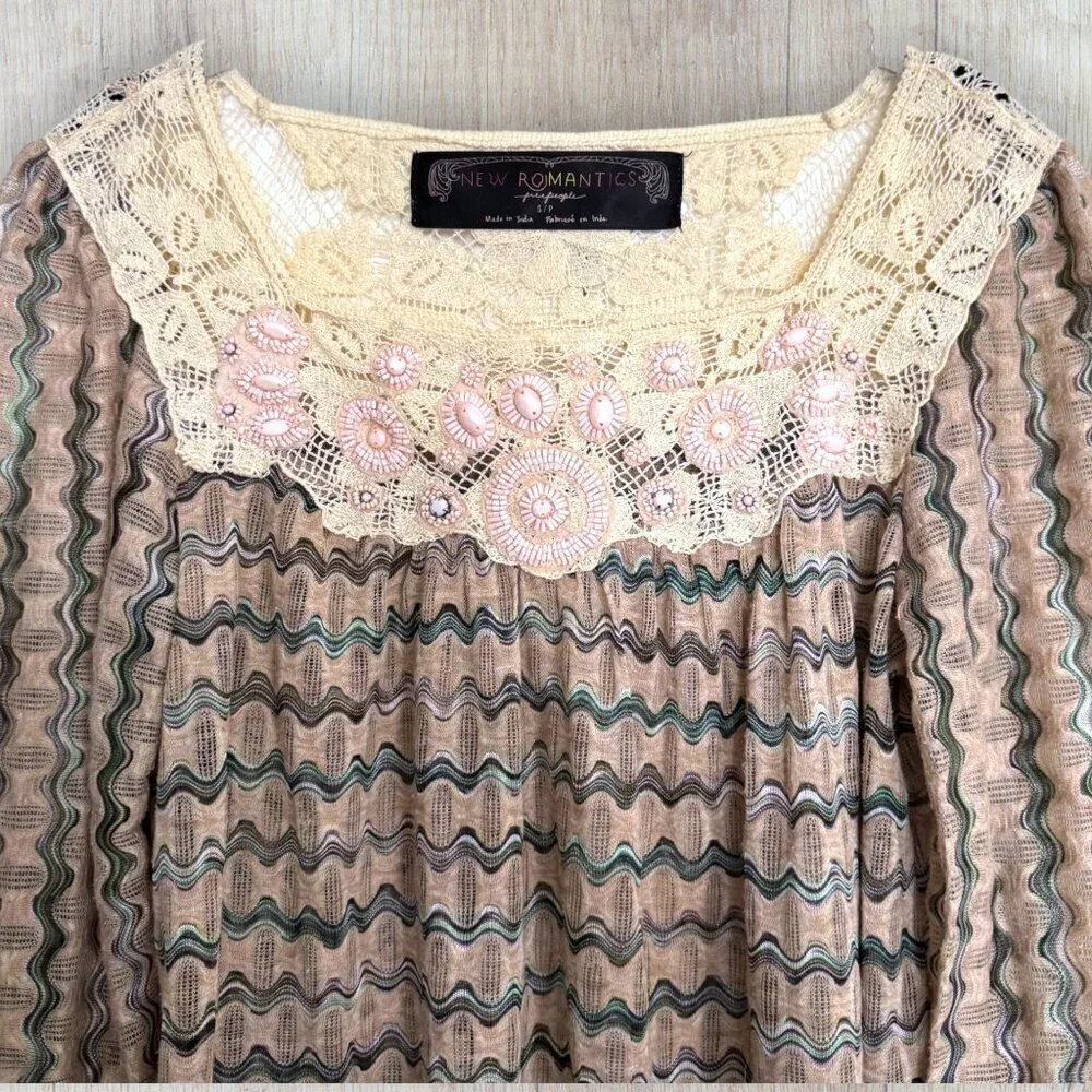 FREE PEOPLE New Romantics Stripe Beige Lace Pink Beaded Peasant Blouse Top S